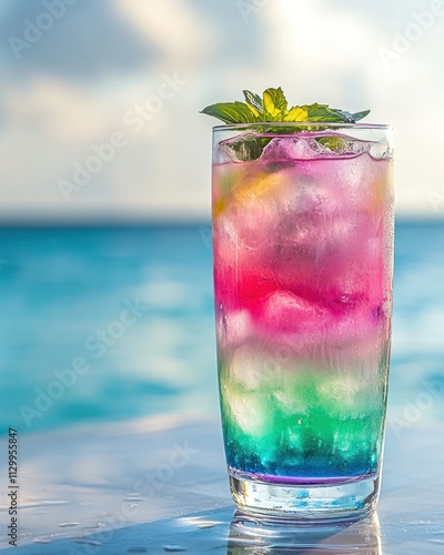 A colorful layered drink garnished with mint, set against a blurred ocean background.