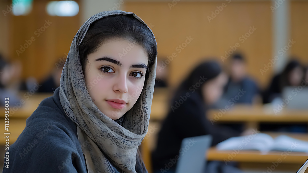A young Middle Eastern woman wearing a grey hijab gazes thoughtfully at the camera, surrounded by fellow students in a classroom environment. A young Middle Eastern woman wearing a grey hijab gazes thoughtfully at the camera, surrounded by fellow students in a classroom environment.