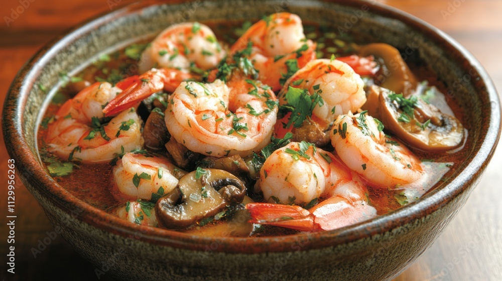 A bowl of shrimp and mushrooms garnished with herbs, showcasing a delicious seafood dish. A bowl of shrimp and mushrooms garnished with herbs, showcasing a delicious seafood dish.