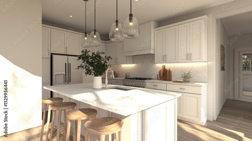 Bright, modern kitchen with white cabinets, island, and pendant lights. Bright, modern kitchen with white cabinets, island, and pendant lights.
