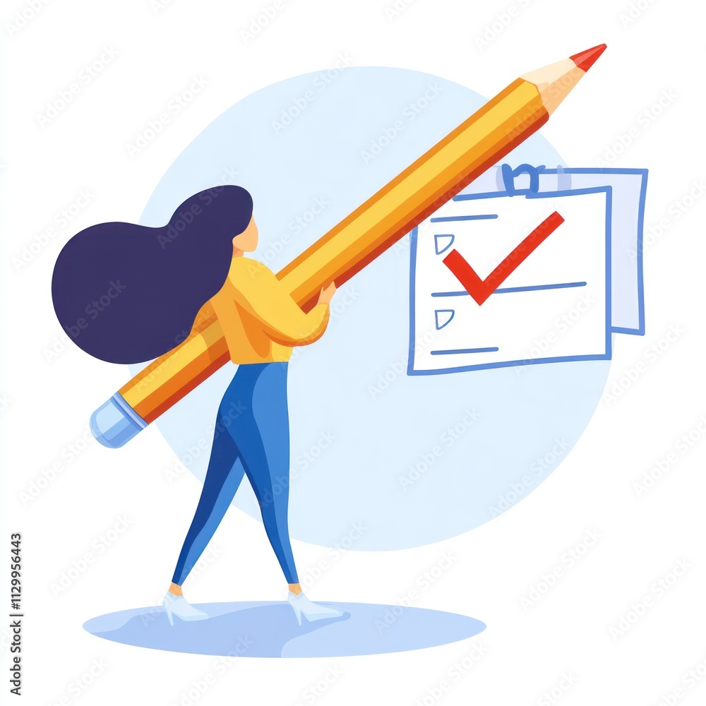 Woman Carrying Giant Pencil Illustration for Task Completion Woman Carrying Giant Pencil Illustration for Task Completion