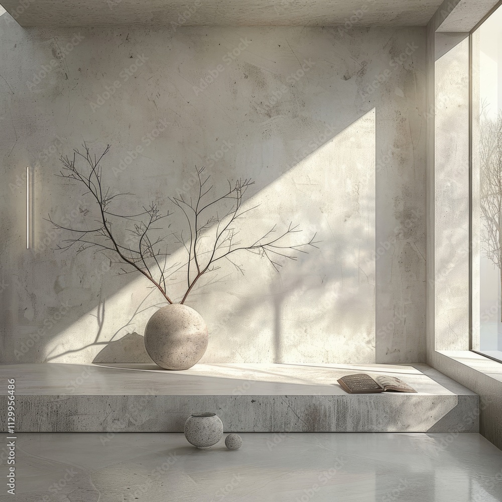 Minimalist square room interior with stucco wall, vase, and branch in a serene 3D-rendered design Minimalist square room interior with stucco wall, vase, and branch in a serene 3D-rendered design