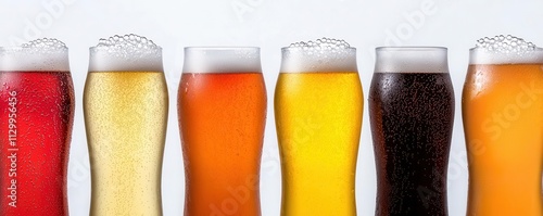 A colorful selection of six beer glasses filled with different brews, showcasing a variety of colors and foam. photo