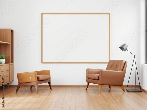 Modern mid century interior with a leather armchair, wood cabinet, white wall, and wood floor frame mockup 3D render, living room, frame