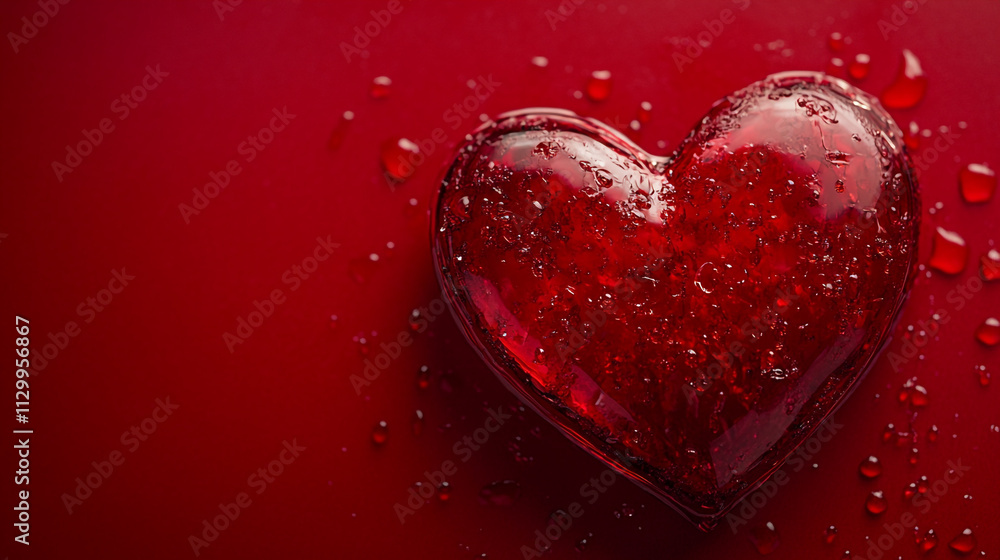 Fototapeta premium Heart-shaped decoration with water droplets on a red surface for Valentine's Day celebration