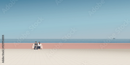 Minimalist seaside landscape with blue sky background have couple of lover sitting on the bench at pavement graphic illustration.
