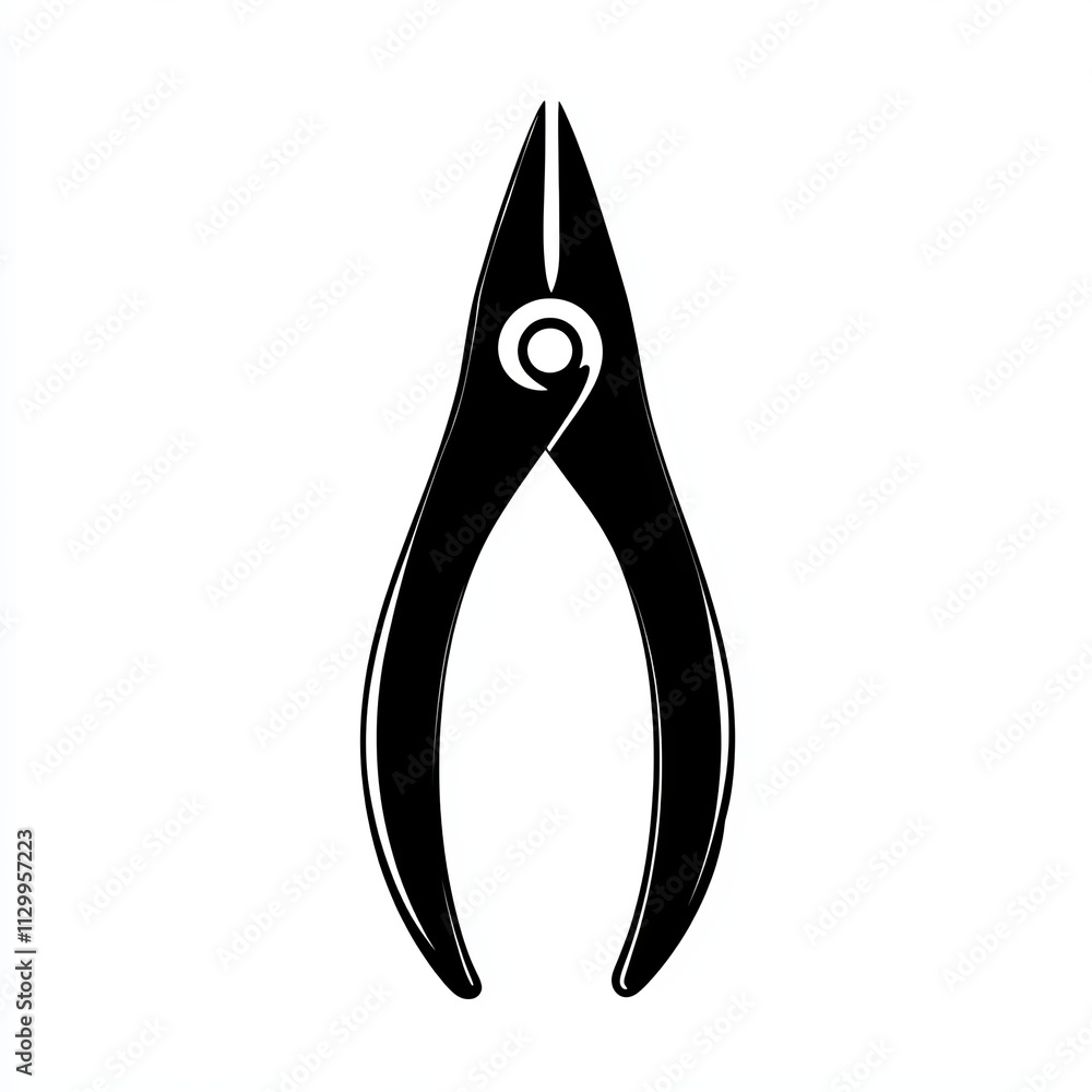 Silhouette icon features a black and white design of jewelry pliers, showcasing minimalist stroke lines that create an abstract and artistic appearance Silhouette icon features a black and white design of jewelry pliers, showcasing minimalist stroke lines that create an abstract and artistic appearance