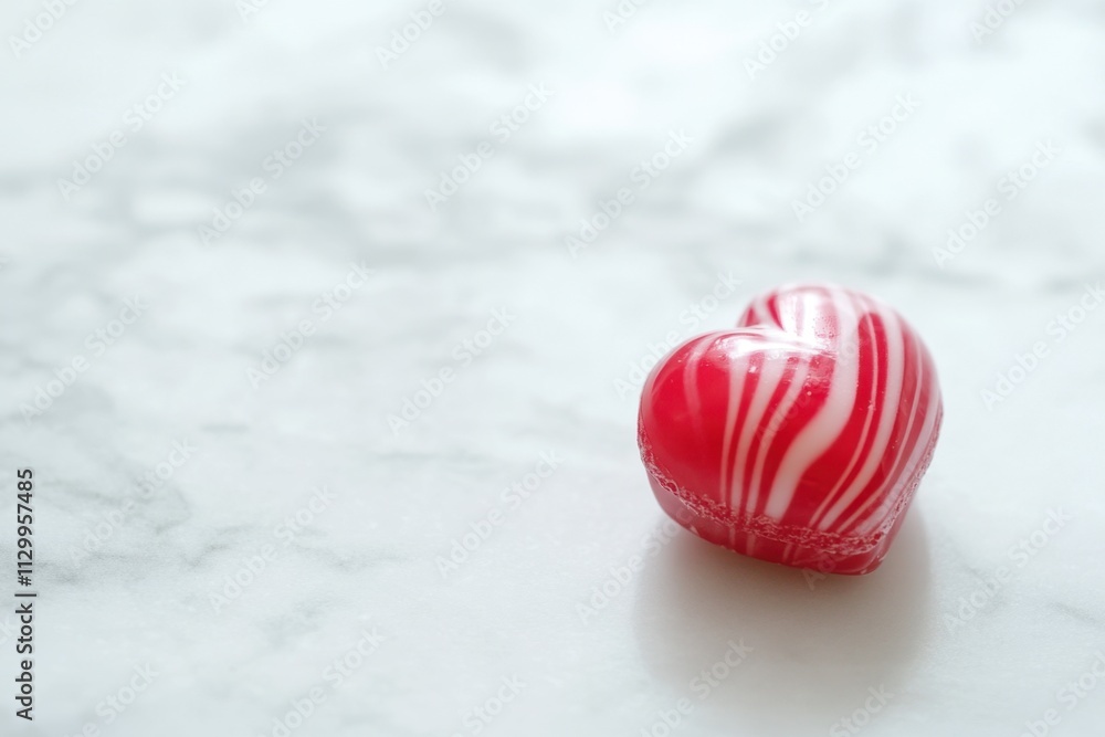 Fototapeta premium Red and white striped heart shaped candy rests on marble