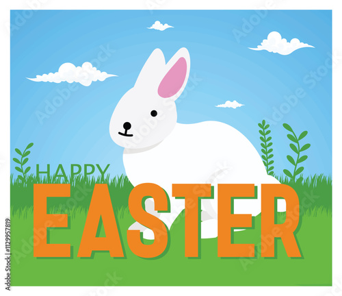 Happy Easter greeting with cute Easter bunny on fresh grass.