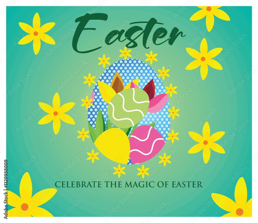 Fototapeta premium Happy Easter Day holiday. Featuring Colorful Eggs and Bright Flowers.