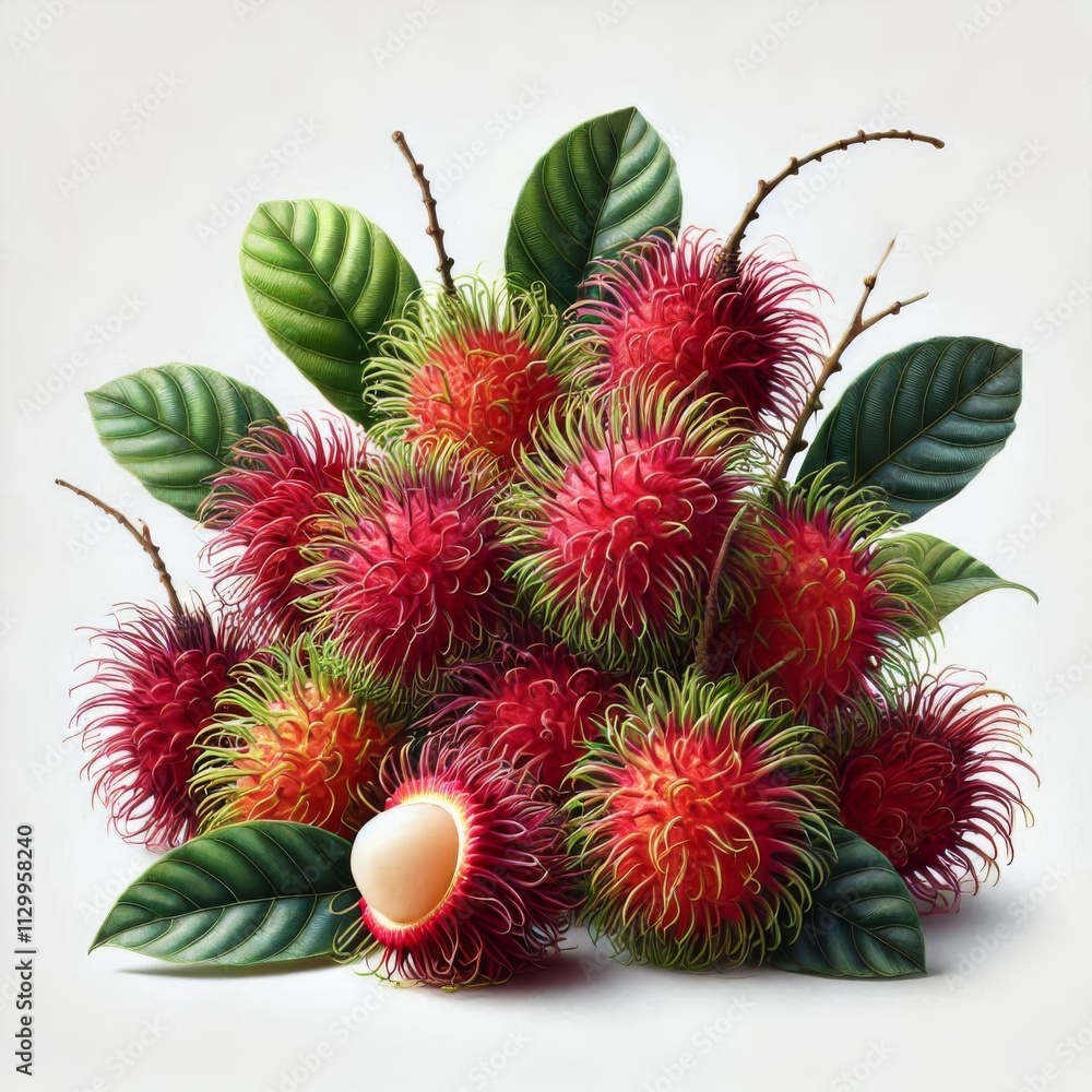 Group of tropical rambutan with vibrant red skin on white Group of tropical rambutan with vibrant red skin on white