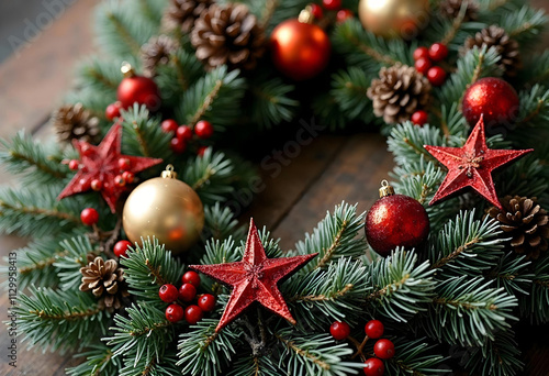 Festive Christmas Wreath with Red Stars and Pinecones