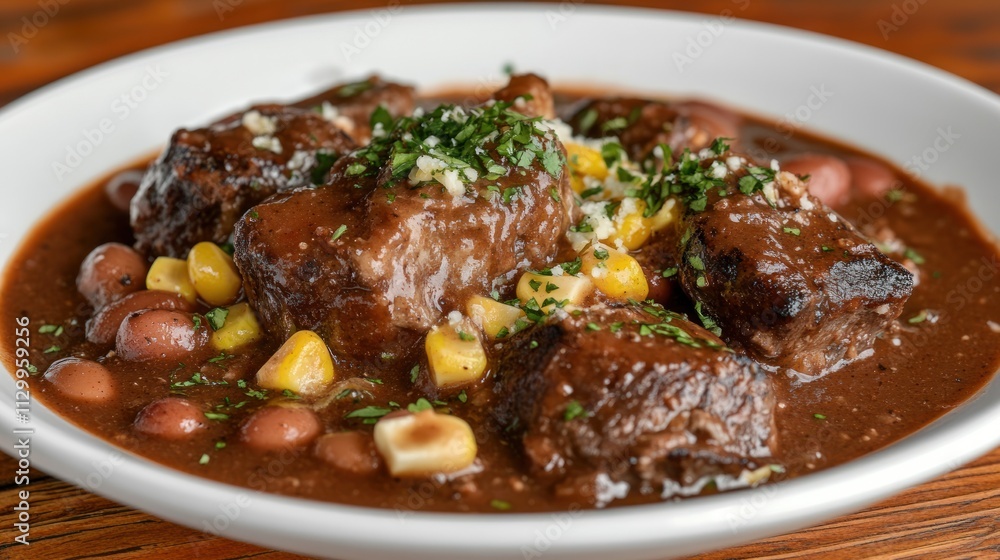 A hearty dish featuring tender meat in a rich sauce, garnished with corn and herbs. A hearty dish featuring tender meat in a rich sauce, garnished with corn and herbs.