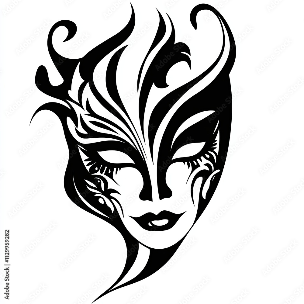 Bold silhouette of a masquerade mask features intricate minimalist stroke lines, offering an abstract representation perfect for art projects or event themes Bold silhouette of a masquerade mask features intricate minimalist stroke lines, offering an abstract representation perfect for art projects or event themes