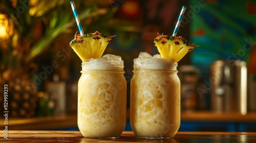 Two refreshing pineapple cocktails served in mason jars with ice and pineapple garnishes. The drinks, topped with striped straws, evoke a tropical, relaxed ambiance, ideal for summer promotions and