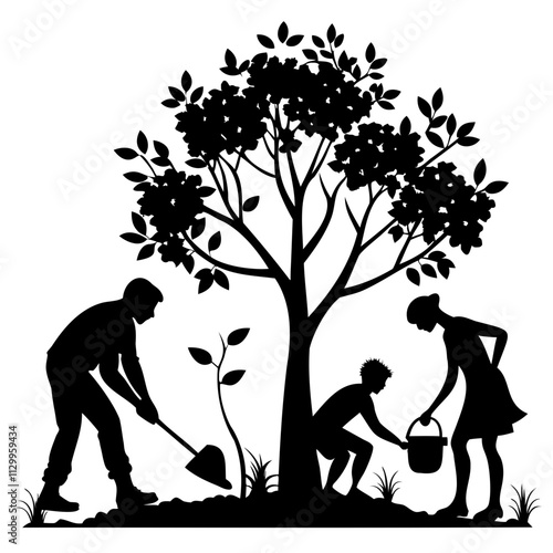 People planting trees perfect black silhouette vector illustration