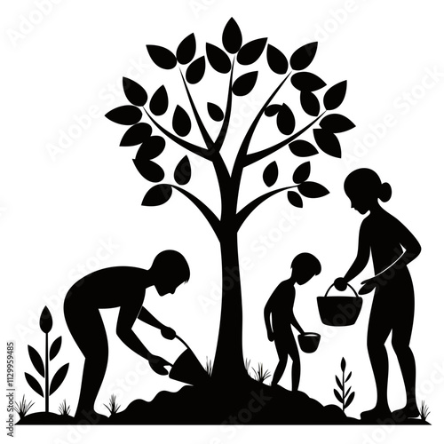 People planting trees perfect black silhouette vector illustration