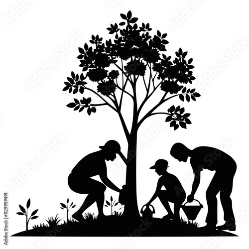 People planting trees perfect black silhouette vector illustration