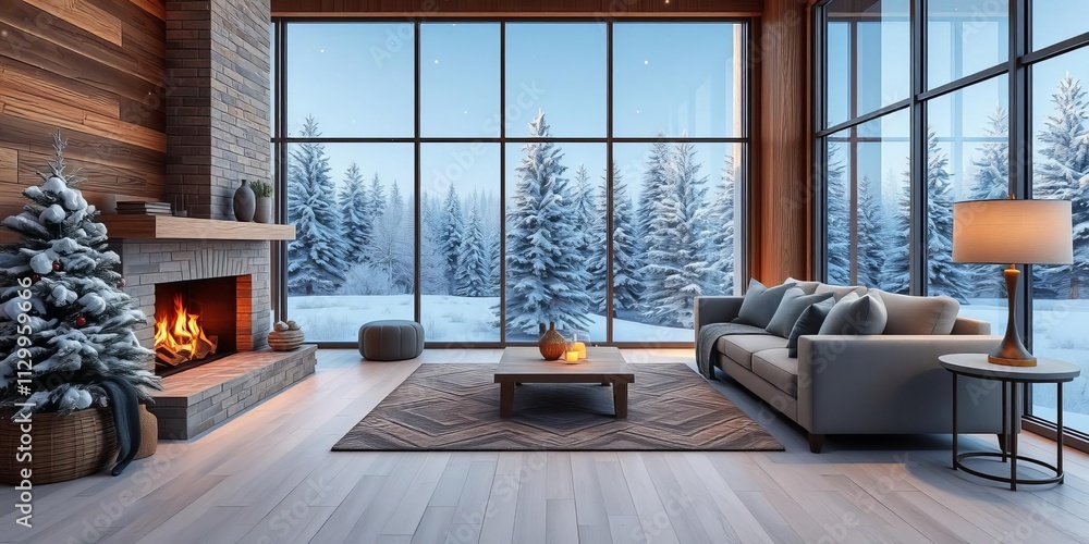 Modern winter living room with fireplace, cozy sofa, fluffy rug, snowy landscape view outside, fireplace, modern Modern winter living room with fireplace, cozy sofa, fluffy rug, snowy landscape view outside, fireplace, modern