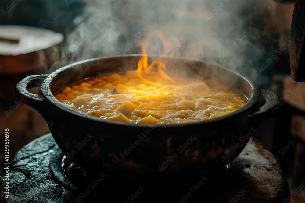 Steaming Potatoes Simmering In Rustic Pot Over Fire Steaming Potatoes Simmering In Rustic Pot Over Fire