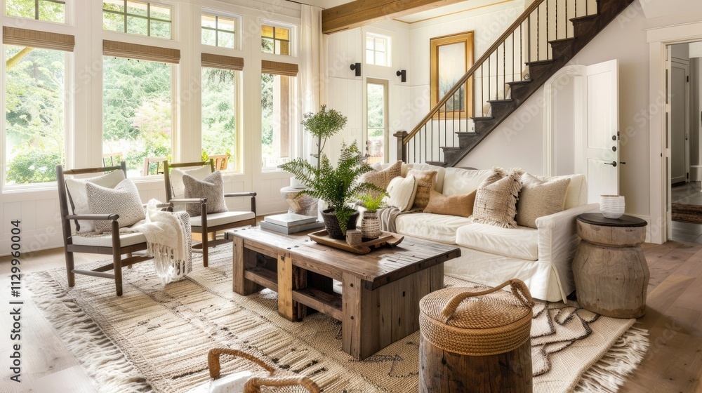 Rustic farmhouse living room interior design with a modern wooden staircase, cozy furniture, and bright natural light for a welcoming atmosphere Rustic farmhouse living room interior design with a modern wooden staircase, cozy furniture, and bright natural light for a welcoming atmosphere
