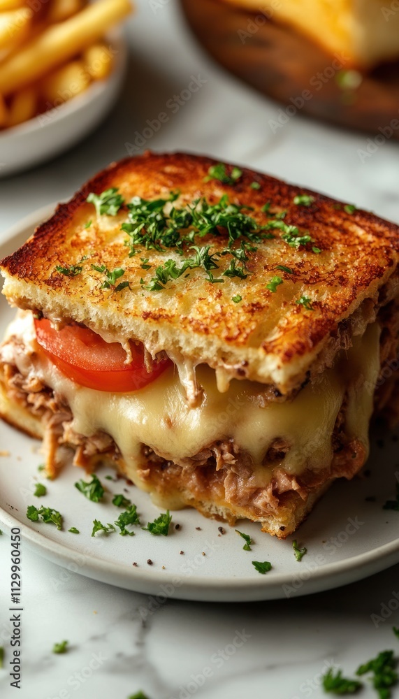 A delicious grilled sandwich with melted cheese, tomato, and herbs on a plate. A delicious grilled sandwich with melted cheese, tomato, and herbs on a plate.