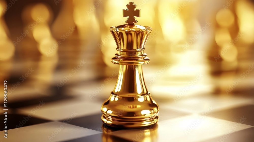 A close-up view of a shiny golden queen chess piece on a chessboard, reflecting the light. The luxurious, detailed texture of the piece conveys themes of strategy and competition in a traditional A close-up view of a shiny golden queen chess piece on a chessboard, reflecting the light. The luxurious, detailed texture of the piece conveys themes of strategy and competition in a traditional