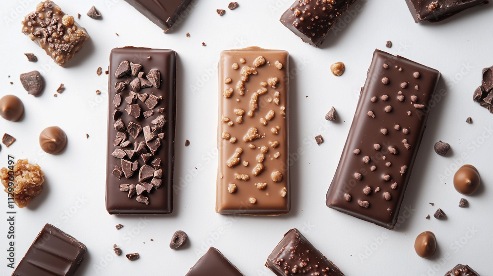 Variety of chocolate bars and confections arranged on a white surface Variety of chocolate bars and confections arranged on a white surface