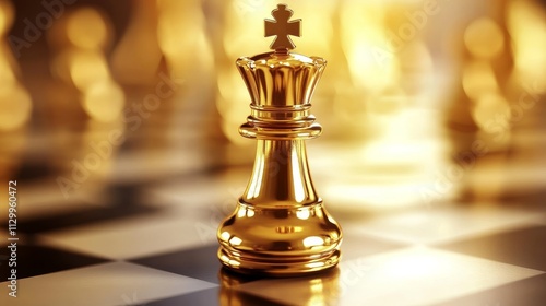 A close-up view of a shiny golden queen chess piece on a chessboard, reflecting the light. The luxurious, detailed texture of the piece conveys themes of strategy and competition in a traditional photo