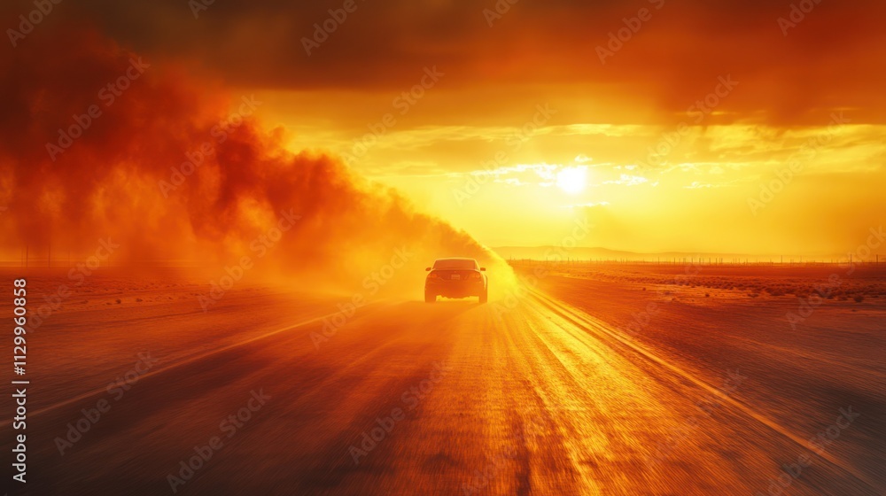Car Driving Through Dust Storm at Sunset Car Driving Through Dust Storm at Sunset