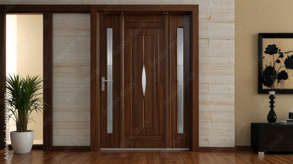 Modern walnut wood front door in contemporary home entrance. Modern walnut wood front door in contemporary home entrance.