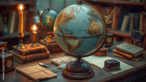 Vintage globe on wooden desk with books, candles, and stationery.