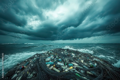 A desolate shoreline littered with plastic waste under a stormy sky. photo