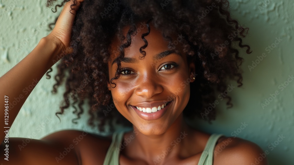 Joyful Woman With Curly Hair Smiles Warmly Against a Textured Green Wall in a Sunlit Indoor Space Creating an Inviting Atmosphere Joyful Woman With Curly Hair Smiles Warmly Against a Textured Green Wall in a Sunlit Indoor Space Creating an Inviting Atmosphere