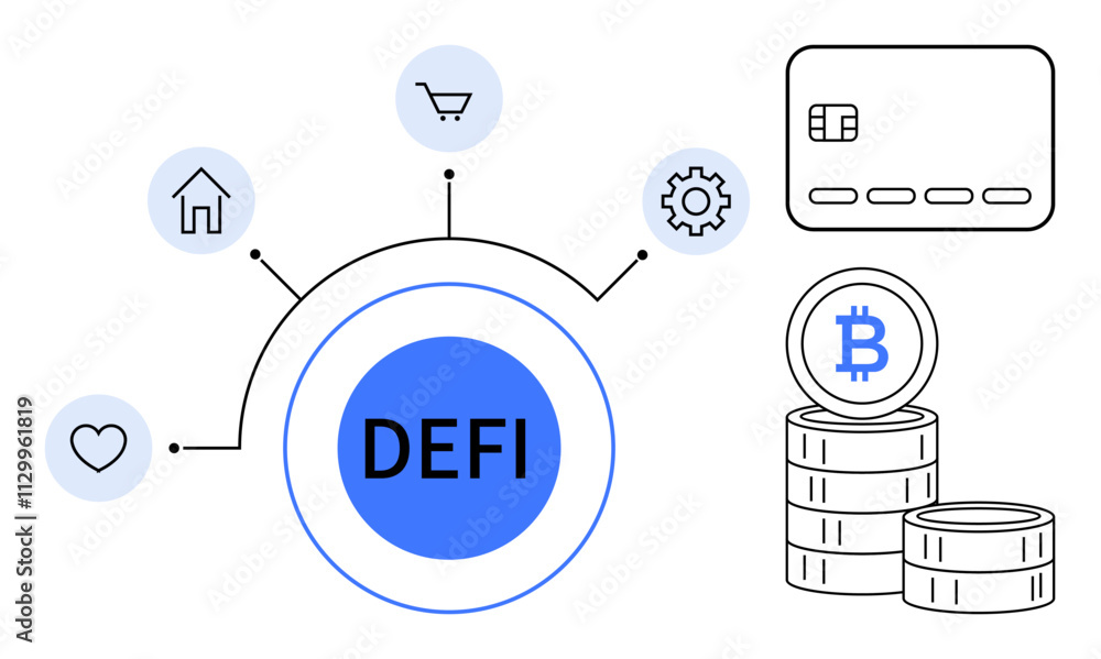 Central DEFI hub connected to icons for home, shopping, settings, and heart. Bitcoin coins and credit card. Ideal for finance, blockchain, cryptocurrency, fintech smart contracts innovation Central DEFI hub connected to icons for home, shopping, settings, and heart. Bitcoin coins and credit card. Ideal for finance, blockchain, cryptocurrency, fintech smart contracts innovation