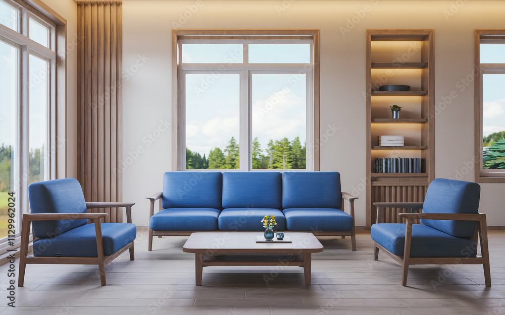 Fototapeta premium modern living room with a large blue sofa and two blue armchairs. The room has wooden , including a wooden coffee table and a bookshelf. There is a potted plant near the window.
