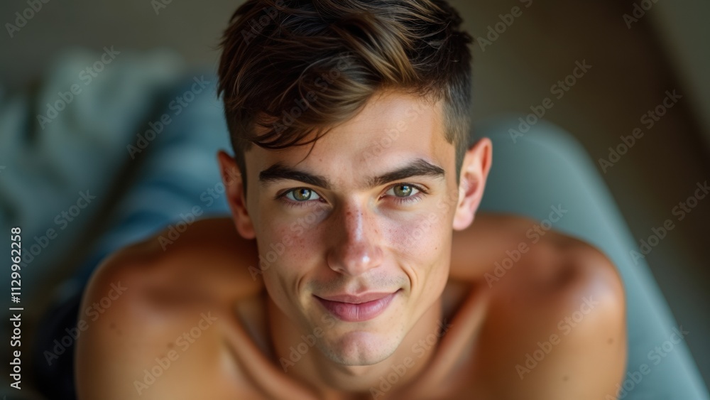 Obraz premium Smiling Young Man With Tousled Hair Relaxing Indoors During Daylight