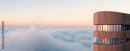 Fotografie A modern building rises above the clouds at sunrise, showcasing sleek architecture and a serene atmosphere