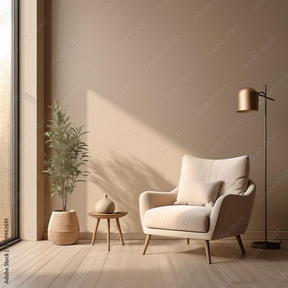 Empty Beige Wall Mockup in Minimalist Interior with Neutral Armchair and a Floor Lamp. Natural Daylight From a Window. Promotion Background. Empty Beige Wall Mockup in Minimalist Interior with Neutral Armchair and a Floor Lamp. Natural Daylight From a Window. Promotion Background.