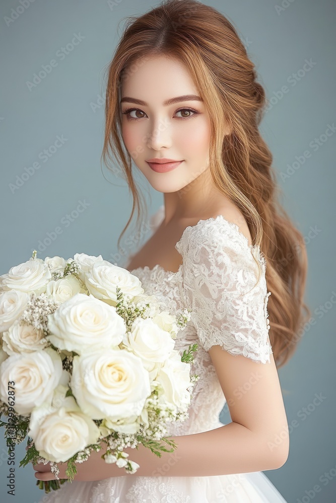 Obraz premium Elegant bride holding white roses bouquet in wedding dress with soft pastel colors and high-key lighting