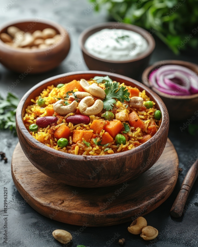A vibrant bowl of rice dish garnished with vegetables, nuts, and yogurt, showcasing a delicious meal. A vibrant bowl of rice dish garnished with vegetables, nuts, and yogurt, showcasing a delicious meal.