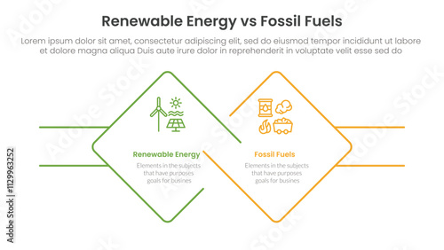 Renewable energy vs fossil fuels comparison concept for infographic template banner with diamond outline shape and rectangle with two point list information