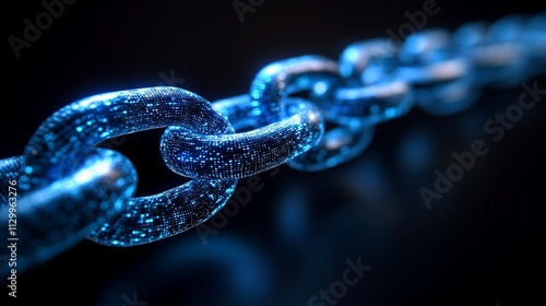 Glowing blue chain links, digital security concept.