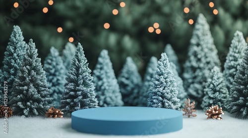 Empty Blue Podium in a Charming Christmas Tree Landscape