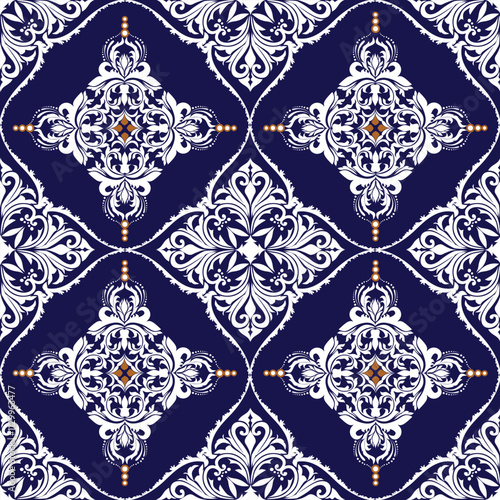 Classic Damask Seamless pattern, Blue and white ornament for fabric, Vector design for wallpaper, background, decorative pattern, curtain, bed sheet, carpet, pillow, table cloth, textile, tile.