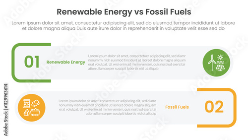 Renewable energy vs fossil fuels comparison concept for infographic template banner with round rectangle box stack with two point list information