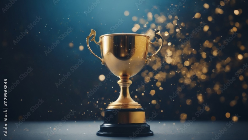 Golden and Black Trophy Cup on Bokeh Background with White Dots Celebration Concept Golden and Black Trophy Cup on Bokeh Background with White Dots Celebration Concept