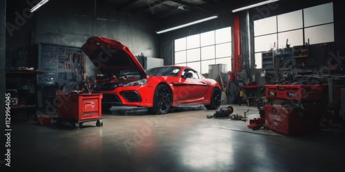 Industrial Sports Car Garage with Tools and Equipment, High Ceiling Windows, and Natural Light in Dark Atmosphere