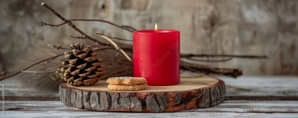 Obraz premium red Christmas candle on rustic wooden boards - Decoration with natural elements, twigs, pine cones and cookies - Advent background with copy space. MZ