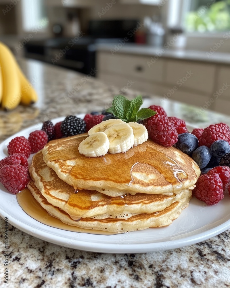 A plate of pancakes topped with bananas and surrounded by fresh berries and syrup. A plate of pancakes topped with bananas and surrounded by fresh berries and syrup.